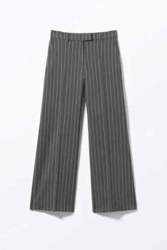 Low Waisted Pleated Suiting Trousers – Striped Dark Grey