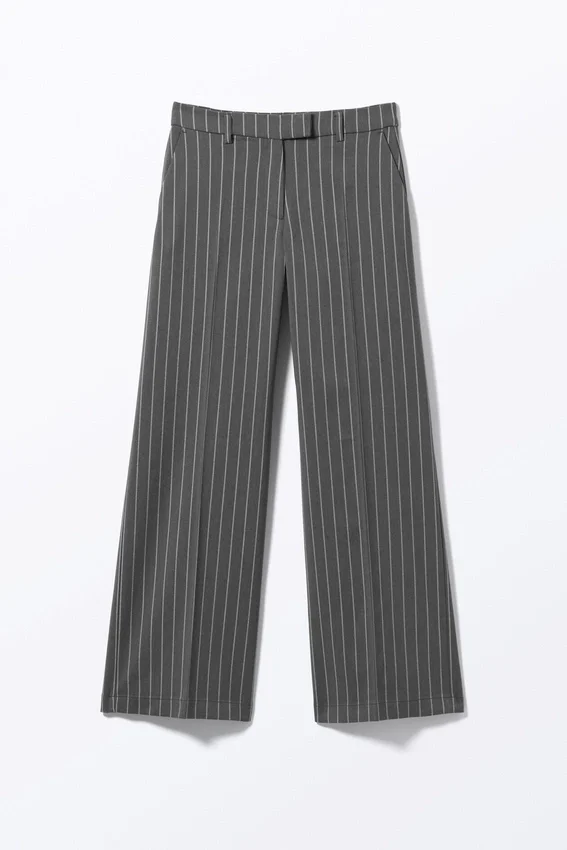 Low Waisted Pleated Suiting Trousers – Striped Dark Grey Low Waisted Pleated Suiting Trousers – Striped Dark Grey