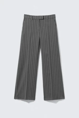 Low Waisted Pleated Suiting Trousers – Striped Dark Grey