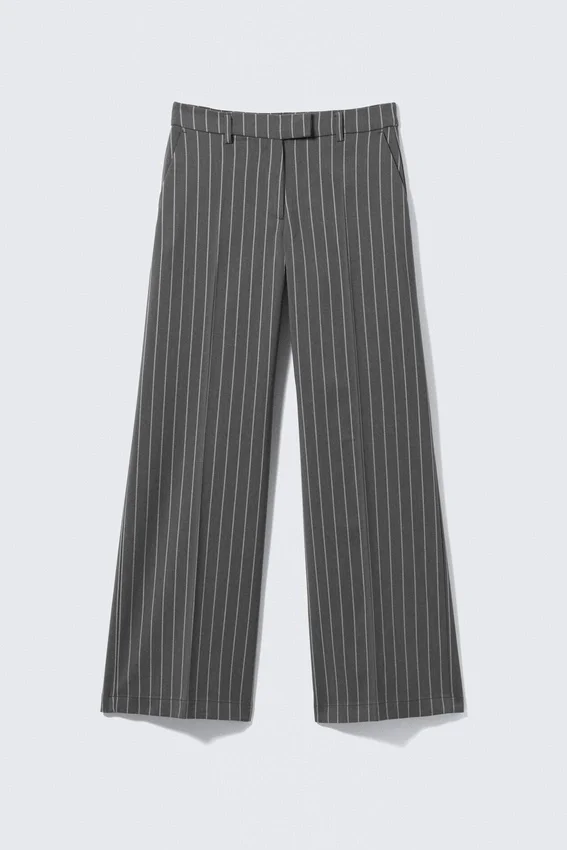 Low Waisted Pleated Suiting Trousers – Striped Dark Grey Low Waisted Pleated Suiting Trousers – Striped Dark Grey