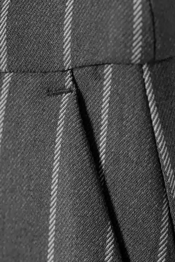 Low Waisted Pleated Suiting Trousers – Striped Dark Grey Low Waisted Pleated Suiting Trousers – Striped Dark Grey