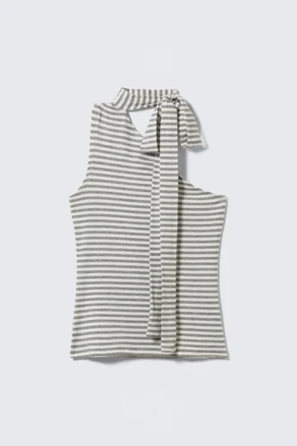 Lyocell One-Shoulder Tie Top – Grey & White Stripe