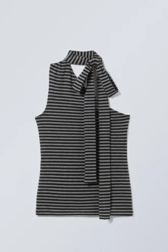 Lyocell One-Shoulder Tie Top – Striped Grey