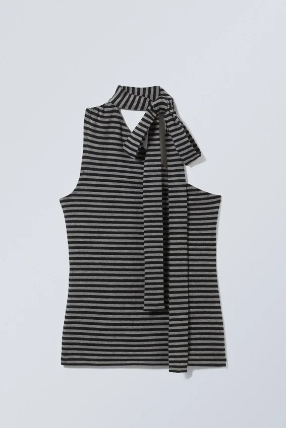 Lyocell One-Shoulder Tie Top – Striped Grey Lyocell One-Shoulder Tie Top – Striped Grey
