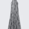Maxi Jacquard Halterneck Dress – Grey Maxi Jacquard Halterneck Dress – Grey