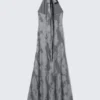 Maxi Jacquard Halterneck Dress – Grey Maxi Jacquard Halterneck Dress – Grey