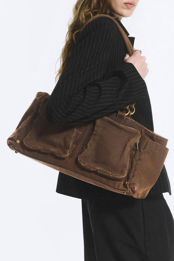 Medium Shoulder Bag with Pockets – Dark Khaki Green Medium Shoulder Bag with Pockets – Dark Khaki Green
