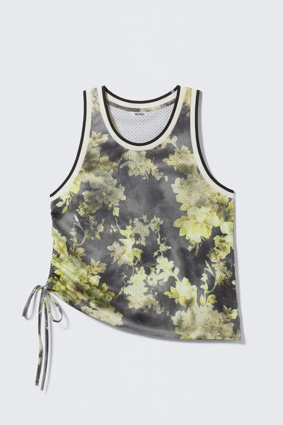 Mesh Drawstring Tank Top – Dark Floral Mesh Drawstring Tank Top – Dark Floral