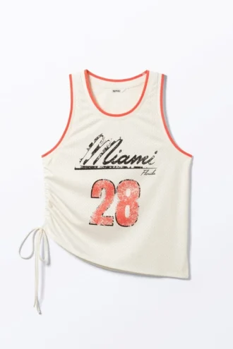 Mesh Drawstring Tank Top – White/Orange – Miami