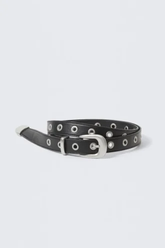 Metal Eyelet Faux Leather Belt – Black – Silver Buckle