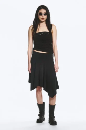 Mid Rise Asymmetric Jersey Skirt – Black
