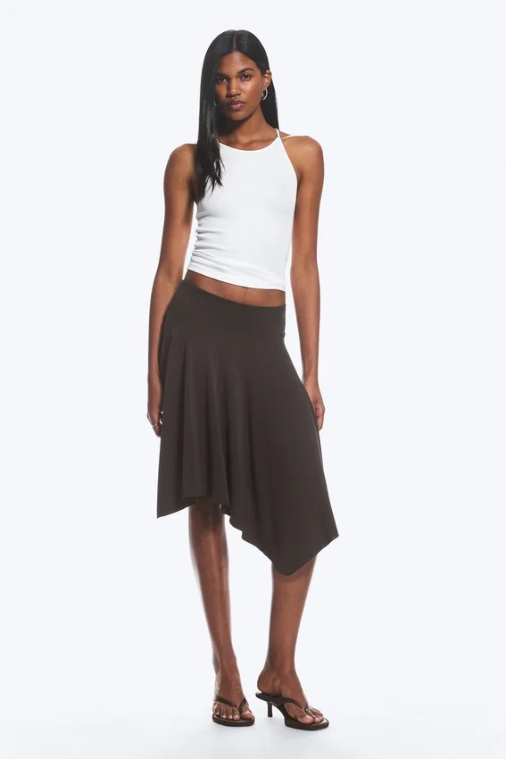 Mid Rise Asymmetric Jersey Skirt – Dark Brown Mid Rise Asymmetric Jersey Skirt – Dark Brown