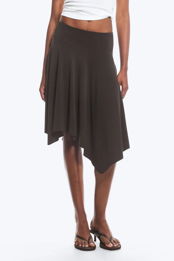 Mid Rise Asymmetric Jersey Skirt – Dark Brown Mid Rise Asymmetric Jersey Skirt – Dark Brown