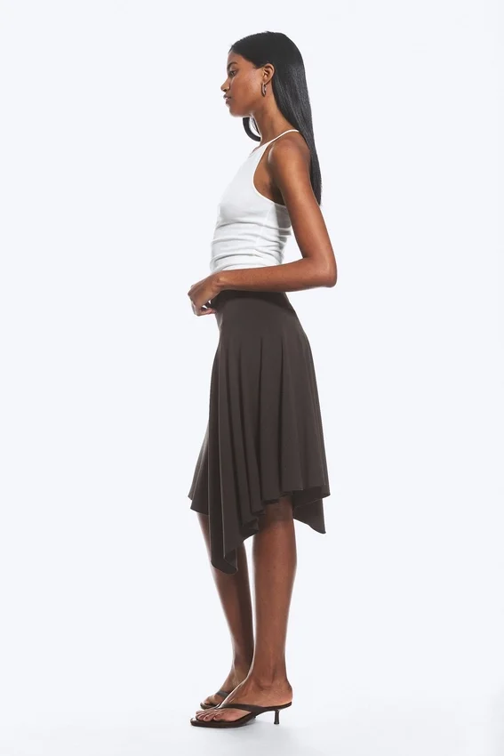 Mid Rise Asymmetric Jersey Skirt – Dark Brown Mid Rise Asymmetric Jersey Skirt – Dark Brown