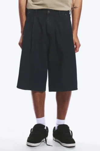 Mid Rise Baggy Pleated Denim Shorts – Emerald Rinse – Dark Blue