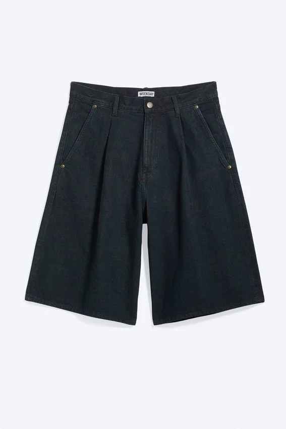 Mid Rise Baggy Pleated Denim Shorts – Emerald Rinse – Dark Blue Mid Rise Baggy Pleated Denim Shorts – Emerald Rinse – Dark Blue