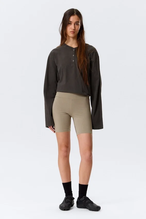 Mid Rise Fitted Biker Shorts – Greige Mid Rise Fitted Biker Shorts – Greige