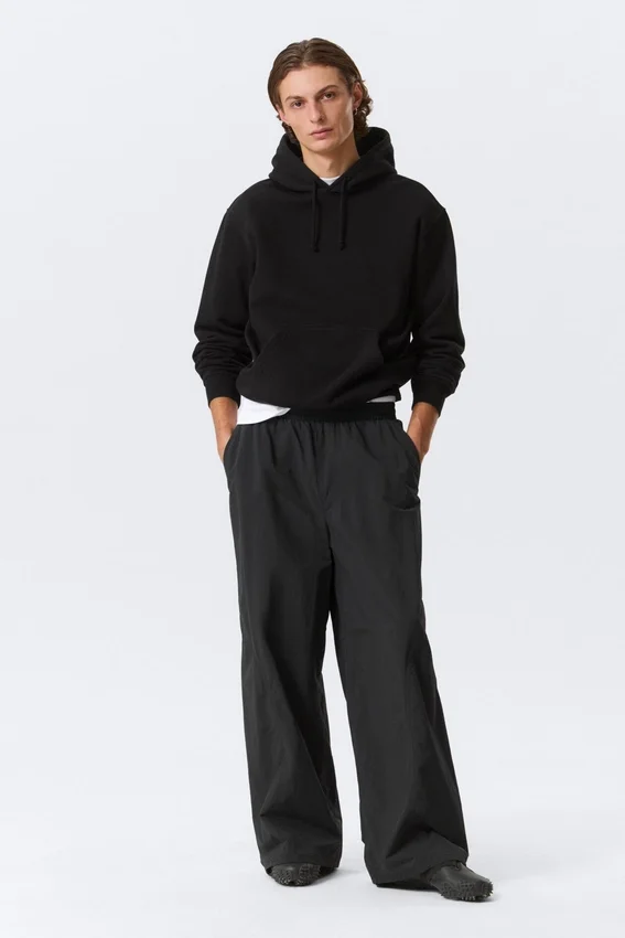 Mid Rise Loose Baggy Leg Nylon Trousers – Black Mid Rise Loose Baggy Leg Nylon Trousers – Black