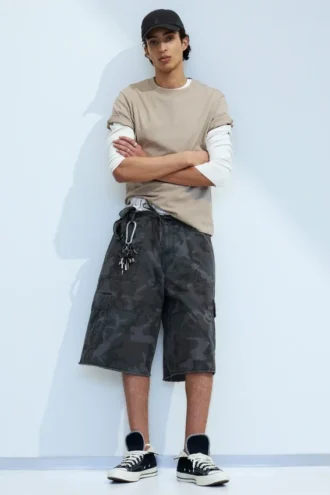 Mid Rise Loose Knee-Length Cargo Shorts – Navy Camo
