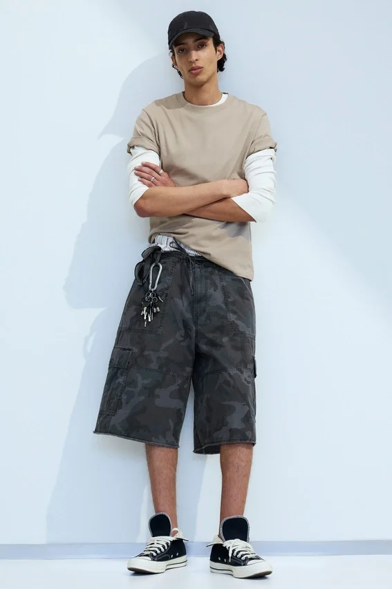 Mid Rise Loose Knee-Length Cargo Shorts – Navy Camo Mid Rise Loose Knee-Length Cargo Shorts – Navy Camo