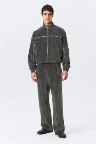 Mid Rise Loose Straight Leg Velour Track Pants – Dark Grey