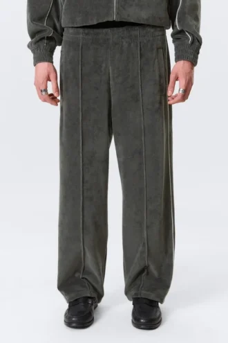 Mid Rise Loose Straight Leg Velour Track Pants – Dark Grey
