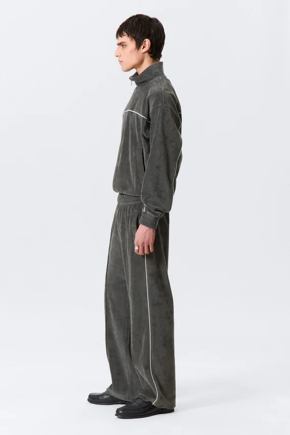 Mid Rise Loose Straight Leg Velour Track Pants – Dark Grey Mid Rise Loose Straight Leg Velour Track Pants – Dark Grey