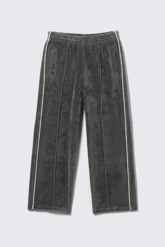 Mid Rise Loose Straight Leg Velour Track Pants – Dark Grey Mid Rise Loose Straight Leg Velour Track Pants – Dark Grey