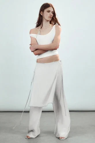 Mid Rise Loose Studded Skirt Trousers – Off-White