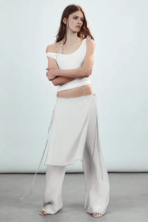 Mid Rise Loose Studded Skirt Trousers – Off-White Mid Rise Loose Studded Skirt Trousers – Off-White