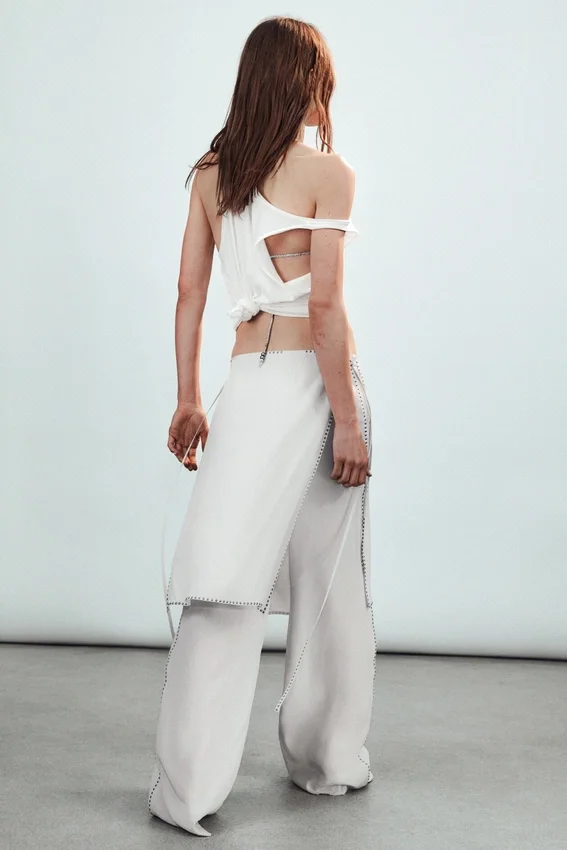 Mid Rise Loose Studded Skirt Trousers – Off-White Mid Rise Loose Studded Skirt Trousers – Off-White