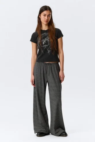 Mid Rise Loose Wide Leg Lyocell Trousers – Black & Grey Stripes