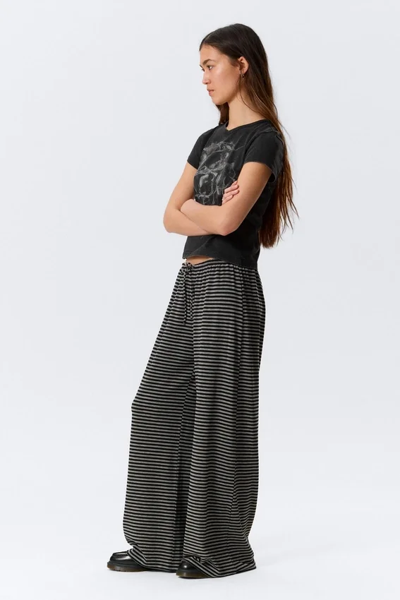 Mid Rise Loose Wide Leg Lyocell Trousers – Black & Grey Stripes Mid Rise Loose Wide Leg Lyocell Trousers – Black & Grey Stripes