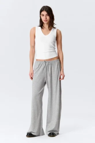 Mid Rise Loose Wide Leg Lyocell Trousers – White – Grey Stripes