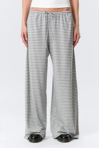Mid Rise Loose Wide Leg Lyocell Trousers – White – Grey Stripes