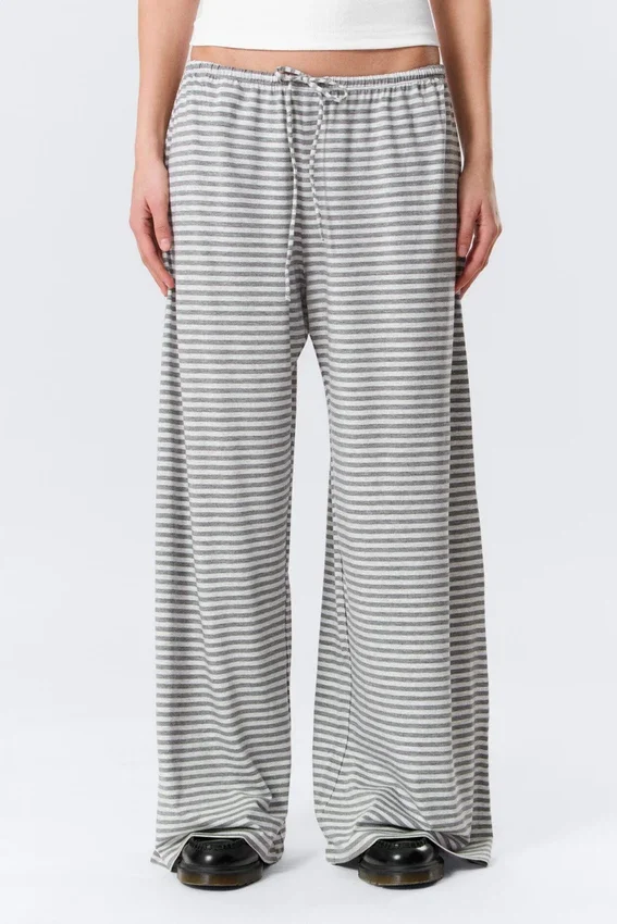 Mid Rise Loose Wide Leg Lyocell Trousers – White – Grey Stripes Mid Rise Loose Wide Leg Lyocell Trousers – White – Grey Stripes