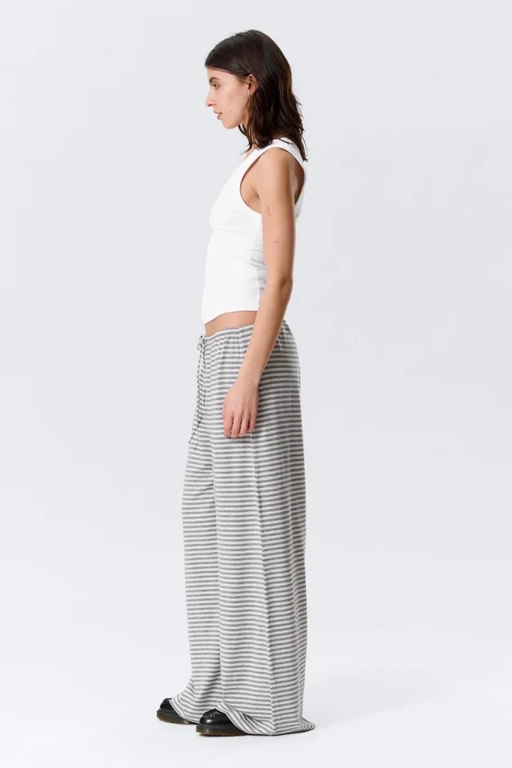 Mid Rise Loose Wide Leg Lyocell Trousers – White – Grey Stripes Mid Rise Loose Wide Leg Lyocell Trousers – White – Grey Stripes