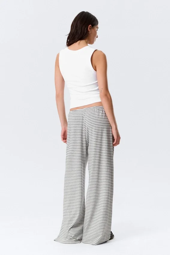 Mid Rise Loose Wide Leg Lyocell Trousers – White – Grey Stripes Mid Rise Loose Wide Leg Lyocell Trousers – White – Grey Stripes