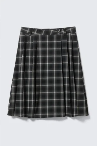 Mid Rise Pleated Midi Skirt – Checked