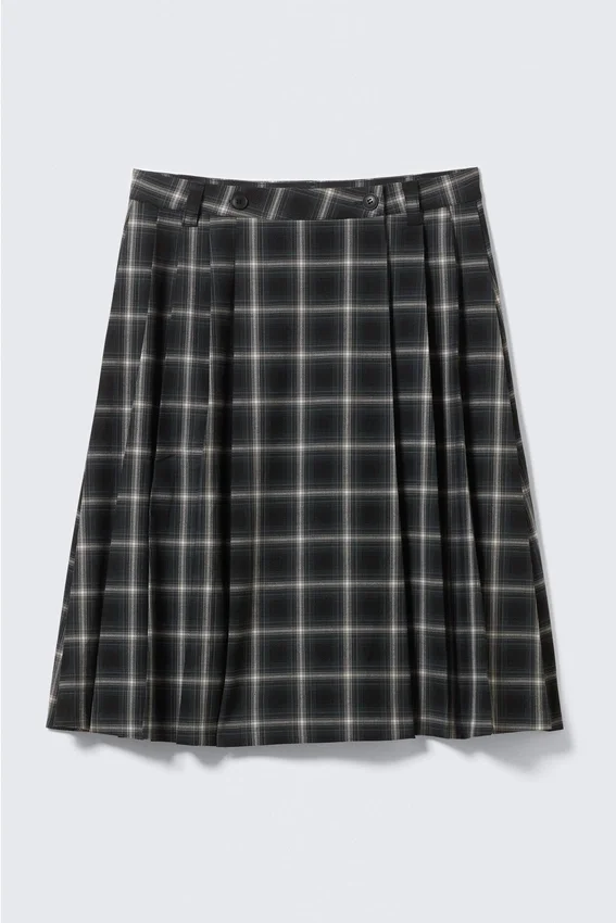 Mid Rise Pleated Midi Skirt – Checked Mid Rise Pleated Midi Skirt – Checked