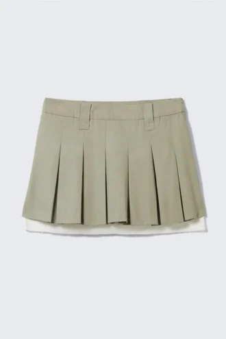 Mid-Rise Pleated Mini Twill Skirt – Khaki Green