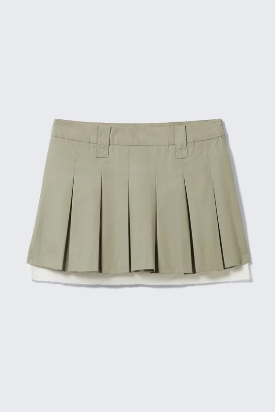 Mid-Rise Pleated Mini Twill Skirt – Khaki Green Mid-Rise Pleated Mini Twill Skirt – Khaki Green