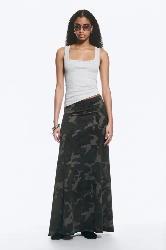 Mid Rise Printed Maxi Skirt – Khaki Green – Camouflage Mid Rise Printed Maxi Skirt – Khaki Green – Camouflage