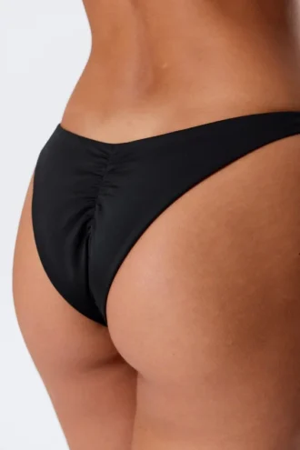 Mid-Rise Ruched Brazilian Bikini Bottoms – Black