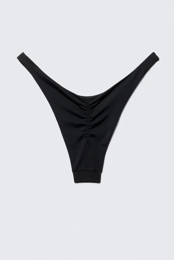 Mid-Rise Ruched Brazilian Bikini Bottoms – Black Mid-Rise Ruched Brazilian Bikini Bottoms – Black