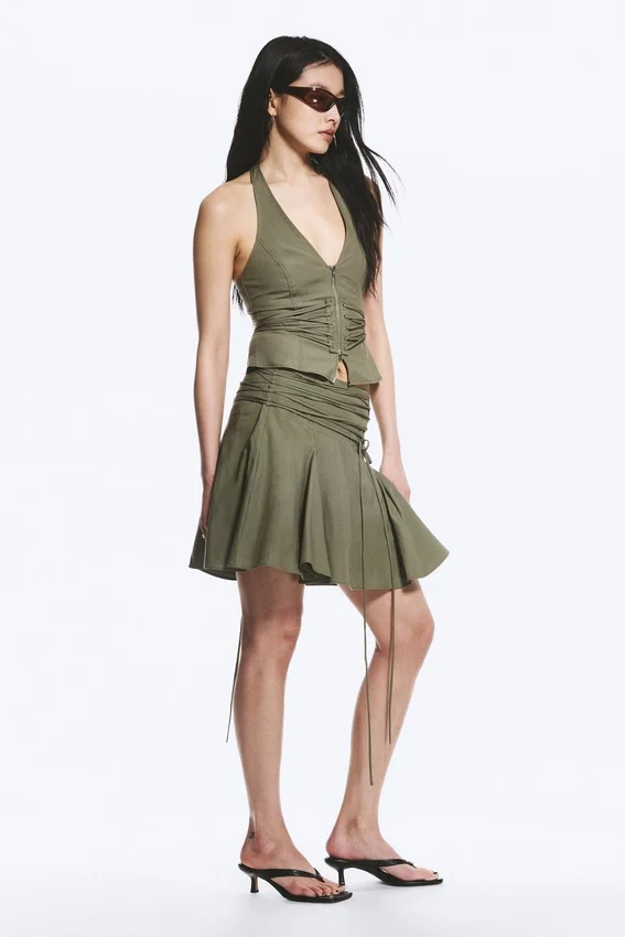Mid Rise Tie Waist Midi Skirt – Khaki Green Mid Rise Tie Waist Midi Skirt – Khaki Green