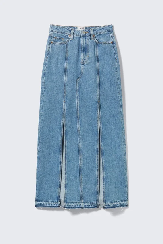 Mid-Waist Split Denim Skirt – Fresh Blue – Medium Blue Mid-Waist Split Denim Skirt – Fresh Blue – Medium Blue