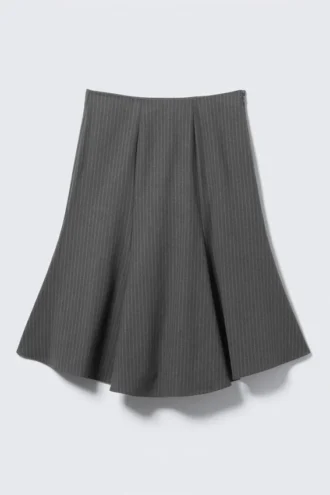 Midi Slim Volume Skirt – Dusty Grey Pinstripes