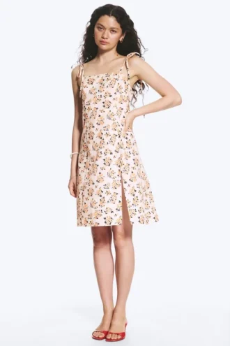 Midi Square Neck Slit Dress – White – Pink Floral