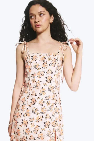 Midi Square Neck Slit Dress – White – Pink Floral